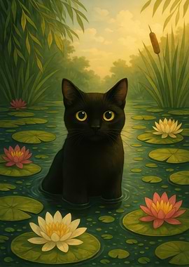 Black cat in a lily pond