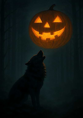 Halloween Wolf Howling at Pumpkin Moon