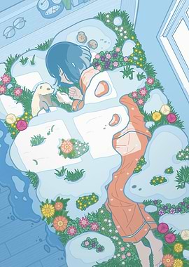 Dreamy Girl with Ferret in Garden