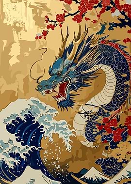 Japanese Dragon with Waves and Cherry Blossoms
