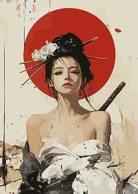 Geisha with Katana and Red Sun
