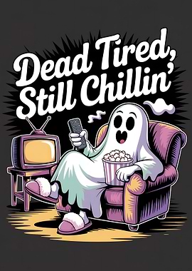 Cartoon Ghost Chilling with TV and Popcorn