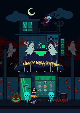 Halloween Night Scene with Characters