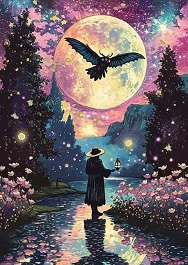 Mystical Night Scene with Moon and Figure