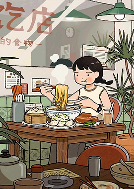 Girl eating noodles in a restaurant