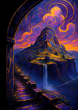 Abstract Fantasy #49 - Fantasy Landscape with Waterfall and Stairs