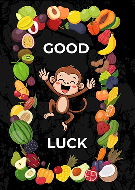 Good Luck Monkey with Fruit Frame