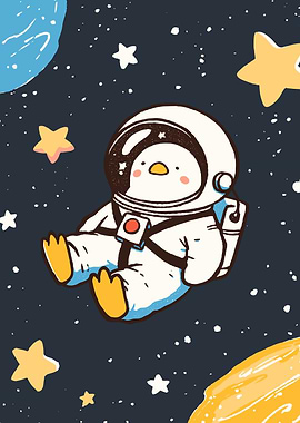 Cute Penguin Astronaut in Space Cartoon