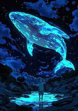 Glowing Whale Above Water, Boy Watching