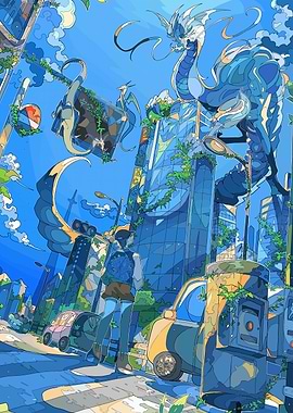 Blue Cityscape with Dragon and Figure
