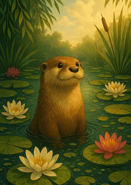Otter in Lily Pond
