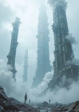 Misty Futuristic Cityscape with Figures