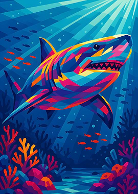 Colorful Shark in Ocean Pop Art