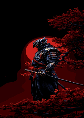 Samurai with Red Moon
