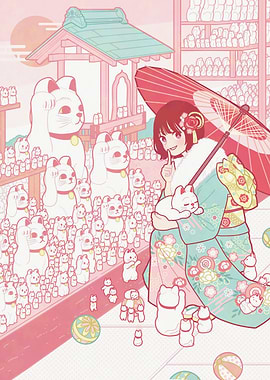 Anime Girl with Maneki Neko Cats