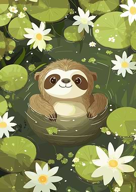 Cute Sloth in Lily Pond Illustration