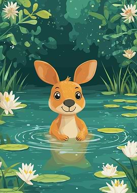 Cartoon Kangaroo in Water Lily Pond