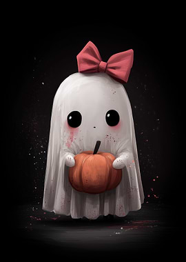 Cute Ghost with Pumpkin and Bow