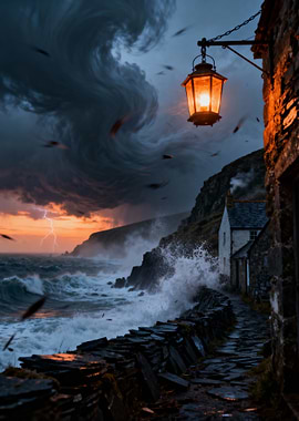 Stormy Coastal Village with Lit Lantern