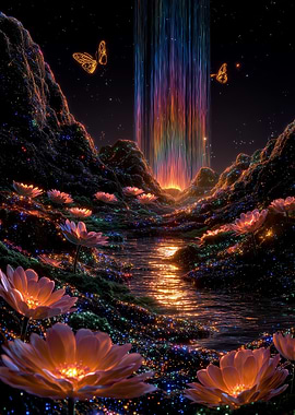 Enchanted Night Landscape with Rainbow Waterfall