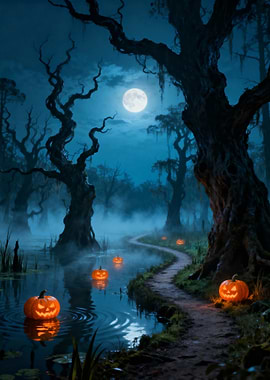 Halloween Swamp with Jack-o'-Lanterns