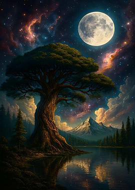 Night Landscape with Tree and Moon