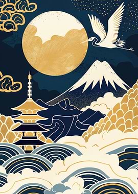 Japanese Landscape with Crane and Pagoda