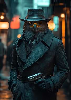 Eagle-headed detective in the rain