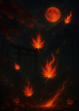 Halloween Autumn Night with Burning Leaves