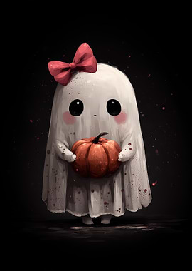 Cute Ghost with Pumpkin and Bow