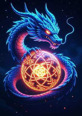 Blue Dragon Holding Glowing Orb