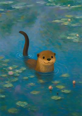 Otter in Lily Pond Painting