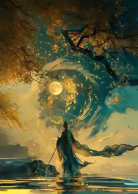 Fantasy Landscape with Figure and Moon