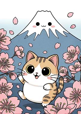 Cute Cat Mount Fuji Sakura