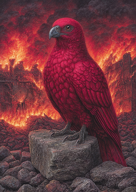 Crimson Bird Amidst Burning Ruins