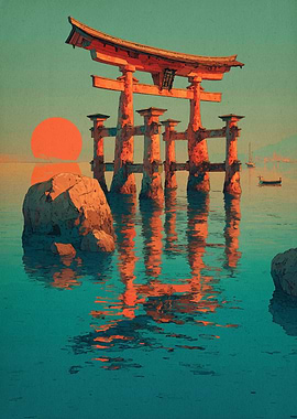 Japanese Torii Gate at Sunset