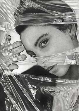 Woman Portrait in Plastic Wrap Drawing