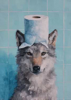 Wolf with Toilet Paper Hat Painting