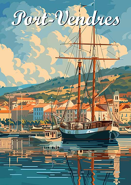 Port-Vendres harbor with sailing ship