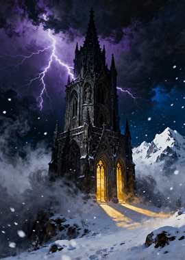 Gothic Tower in Snowy Mountain Landscape