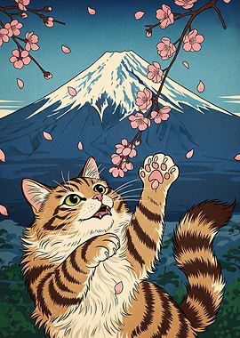Cat Cherry Blossoms Fuji