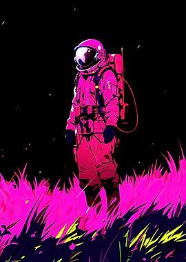 Pink Astronaut in Alien Landscape