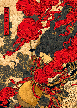 Japanese Warrior with Red Clouds