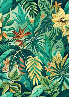 Tropical Foliage Pattern with Flowers