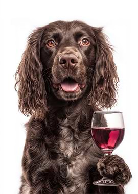 Field Spaniel dog with Wine Glass Portrait