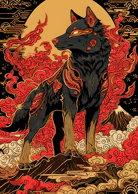 Japanese Wolf with Red Clouds