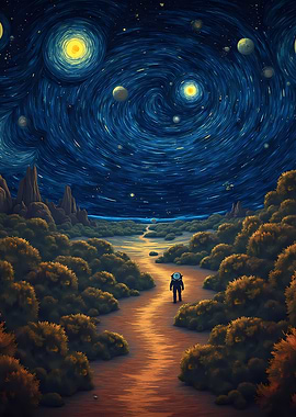 Modern Van Gogh: A Starry Journey .Astronaut in Starry Night Landscape