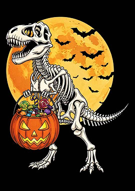 Halloween Dinosaur Skeleton with Pumpkin