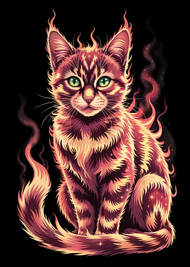 Fiery Cat Illustration on Black Background