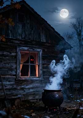 Spooky Cabin Scene with Ghosts